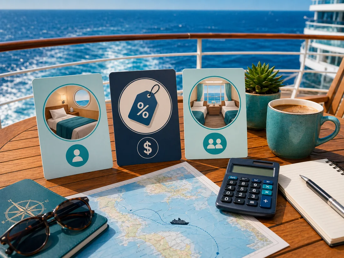 Cruise supplement planning table with calculator and itinerary cards