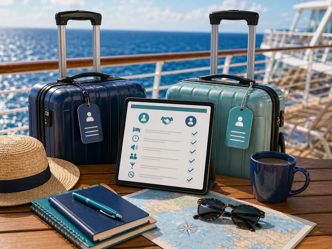 Cabin mate compatibility checklist on a tablet beside two suitcases