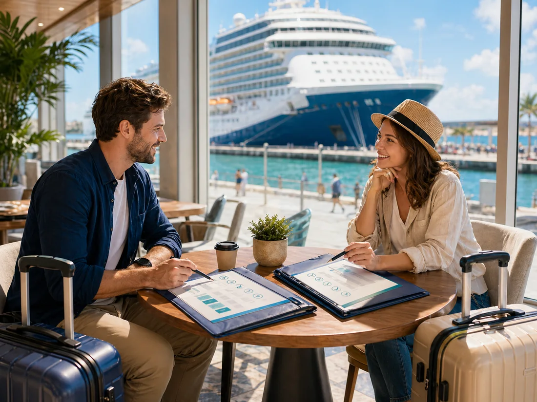 Laptop waitlist form with cruise ship visible through terminal windows