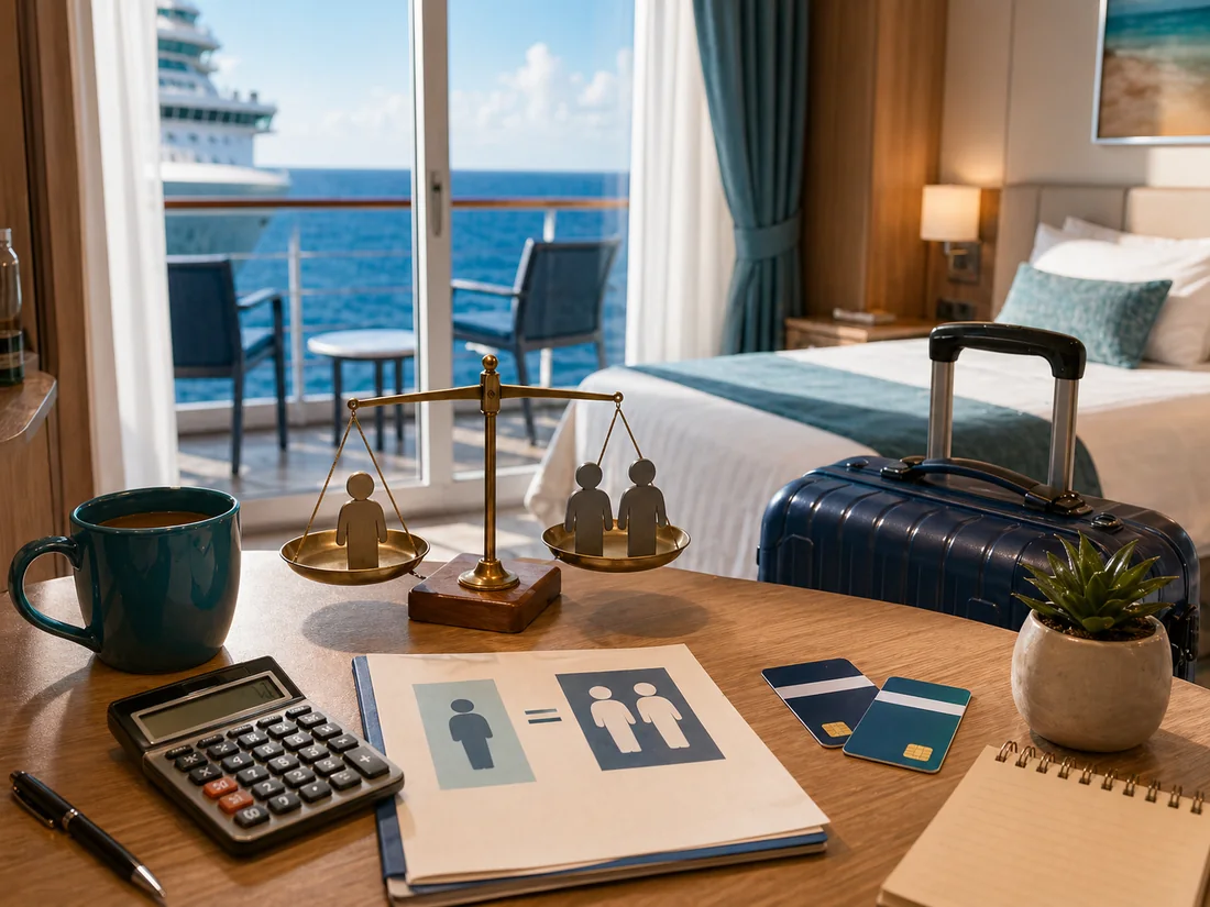 Cruise cabin pricing notes beside a calculator and twin beds