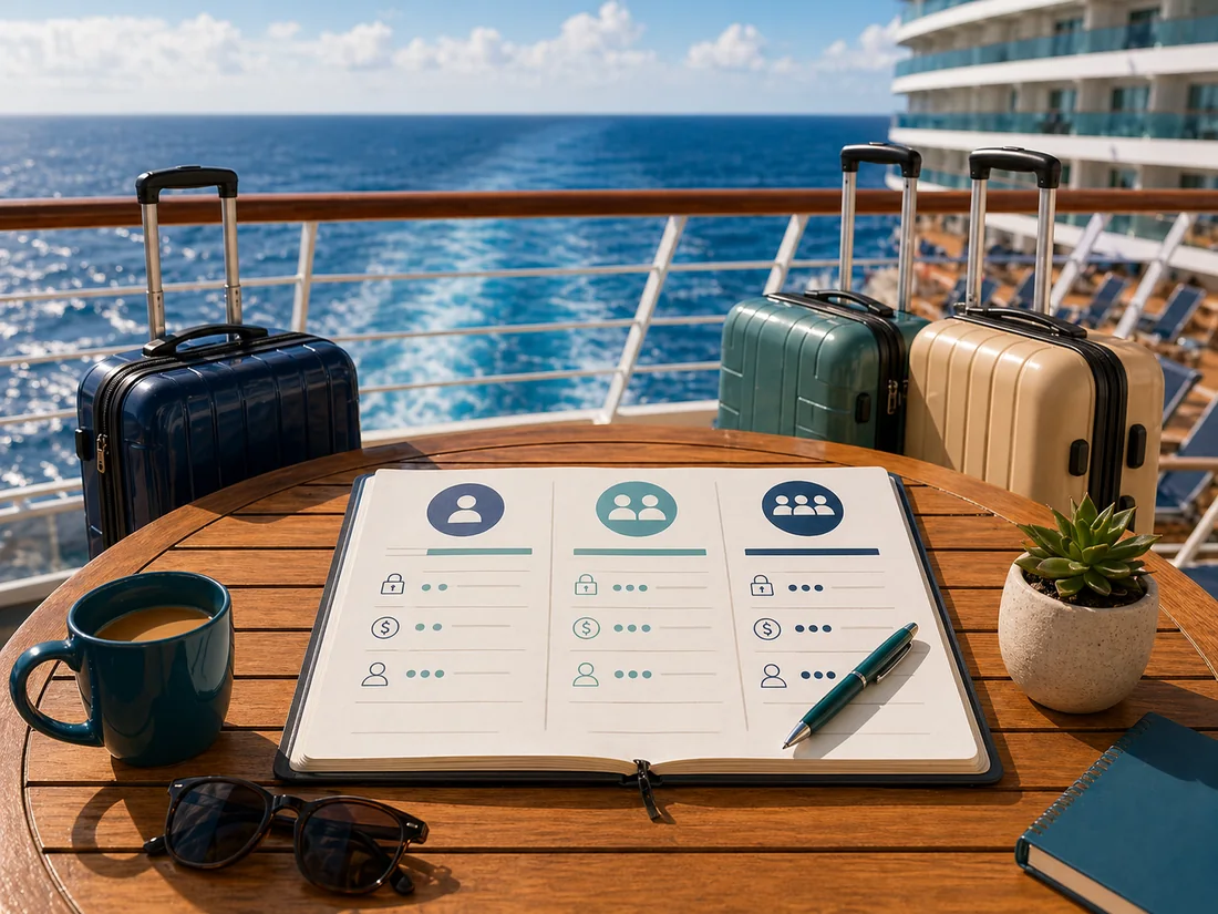 Two suitcases and decision cards on a sunny cruise deck
