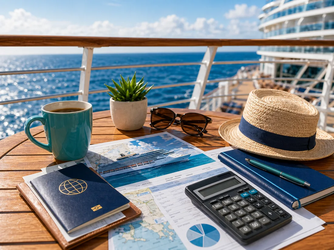 Cruise fare calculator and planning notes on an ocean deck