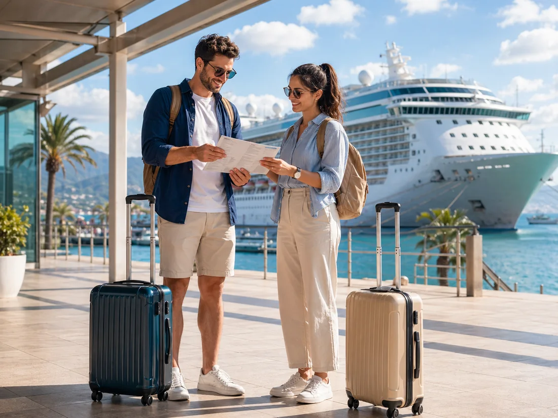 Solo travelers meeting near a bright cruise terminal before booking
