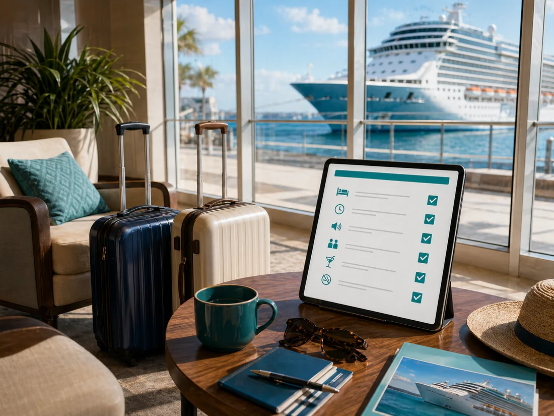Cruise cabin mate checklist beside separate luggage on deck