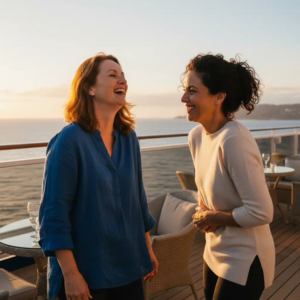 Two women laughing on a cruise deck