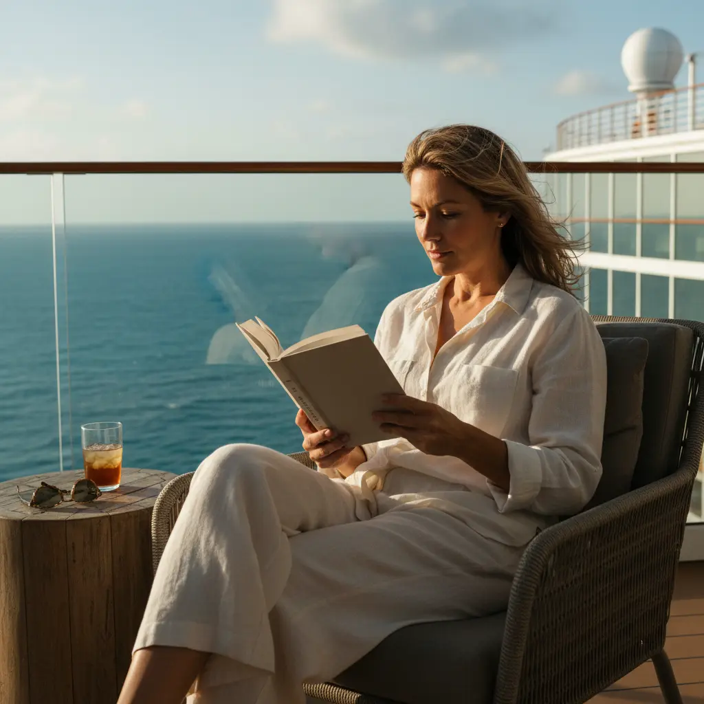 Woman reading a book on a cruise deck