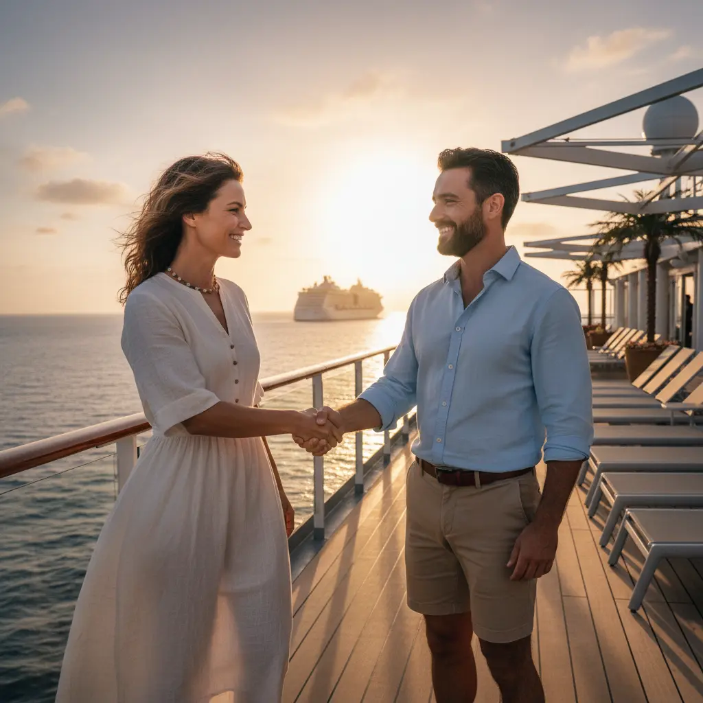 Two solo travelers meeting on a cruise deck, shaking hands