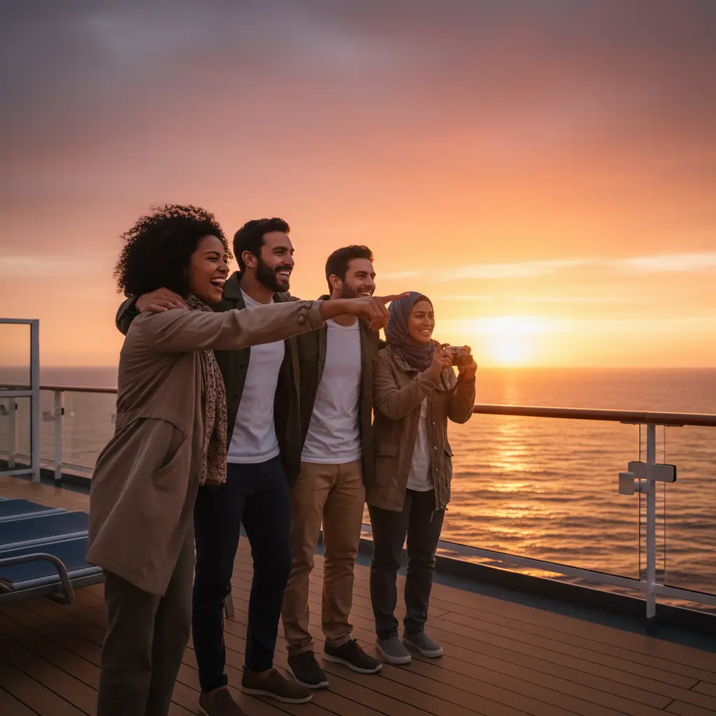 A diverse group of friends enjoying a sunset on a cruise deck, pointing towards the horizon.