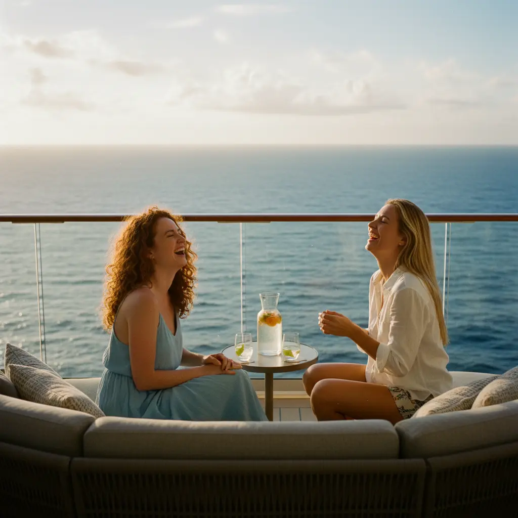 Two women over 35 laughing and posing together on a sunny beach during a cruise excursion with clear blue water