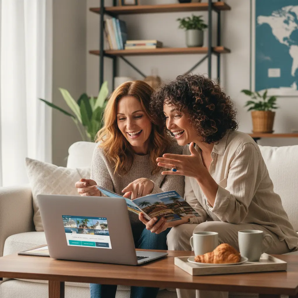 Two women smiling and planning a cruise vacation on a laptop