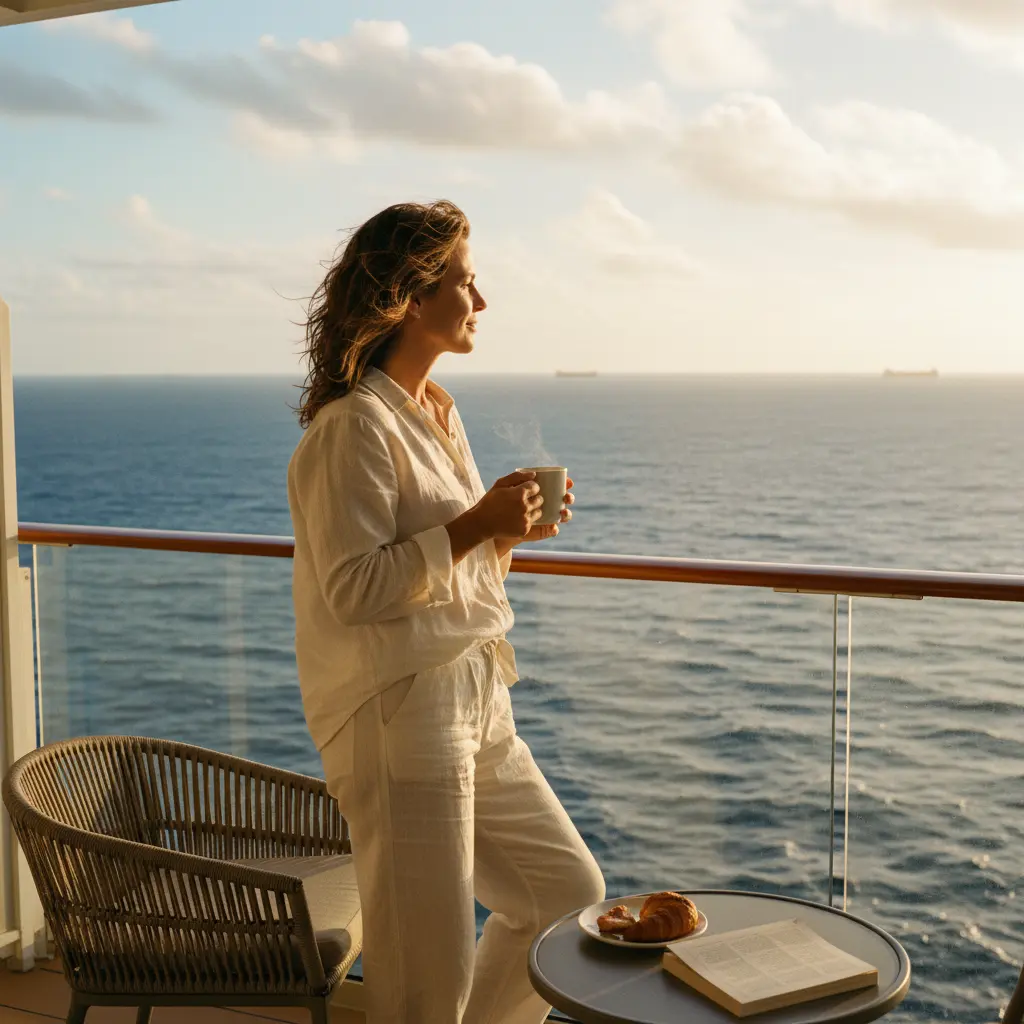 Woman over 35 enjoying an ocean view from a cruise balcony