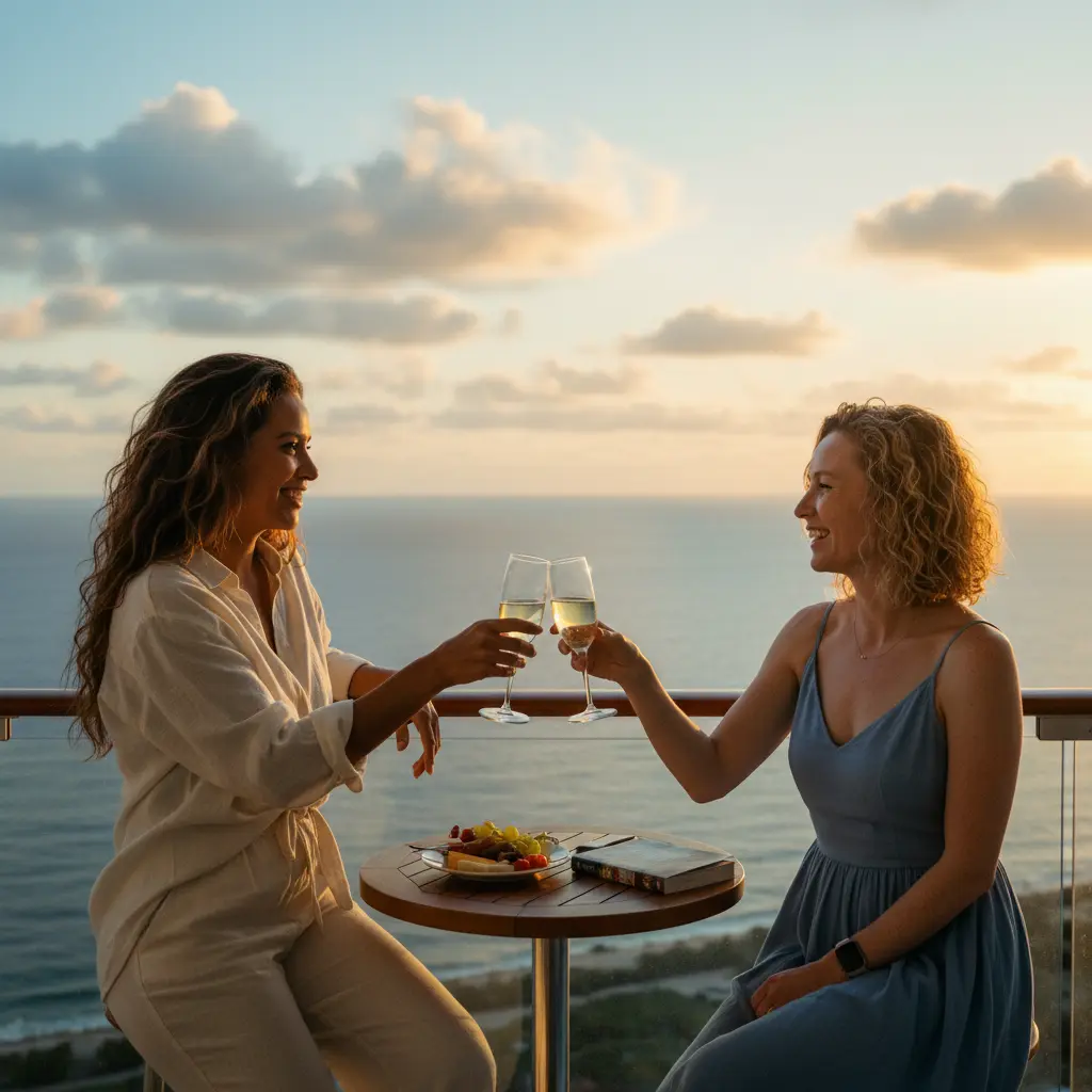 Two women over 35 toasting on a cruise ship balcony