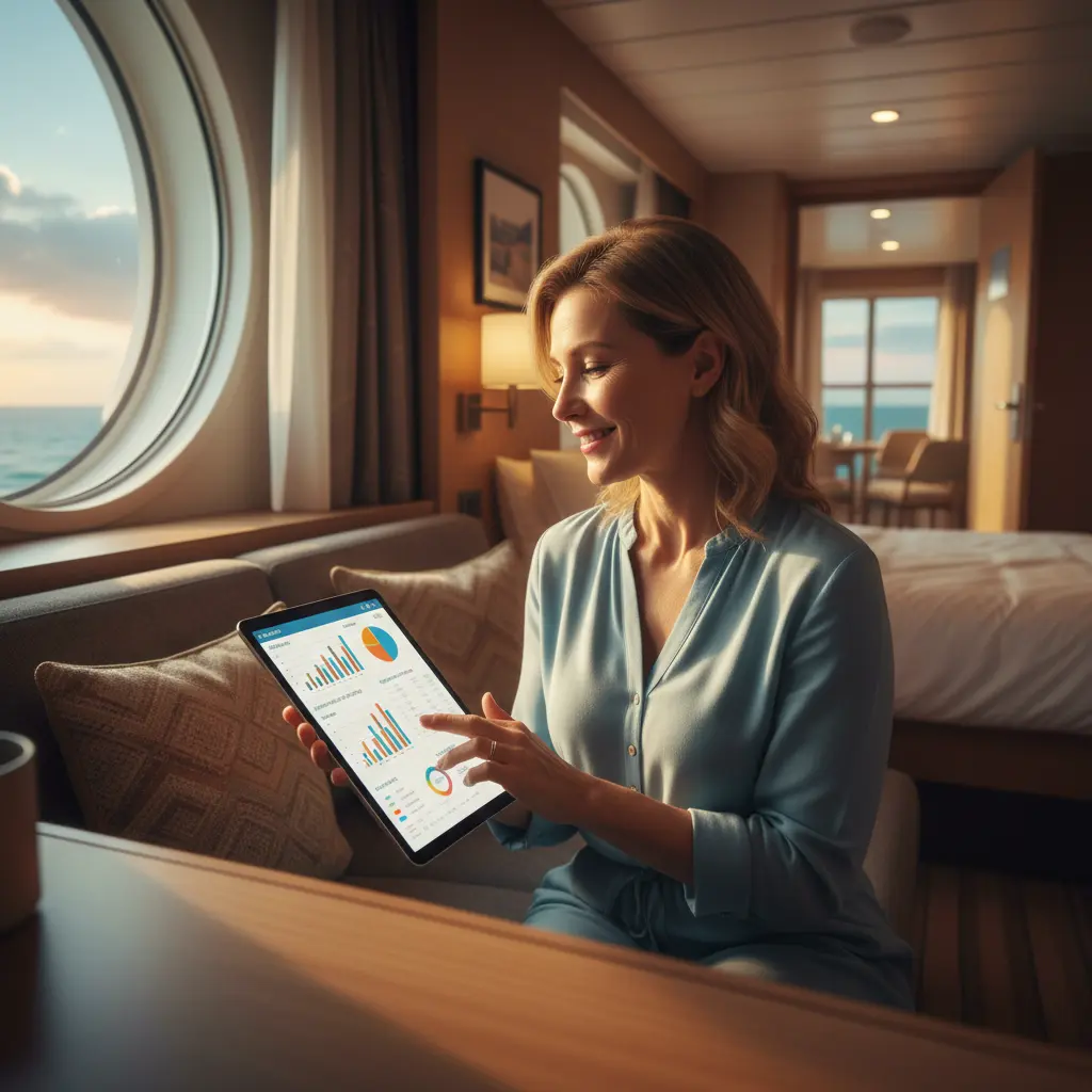 Woman happily checking her cruise budget on a tablet