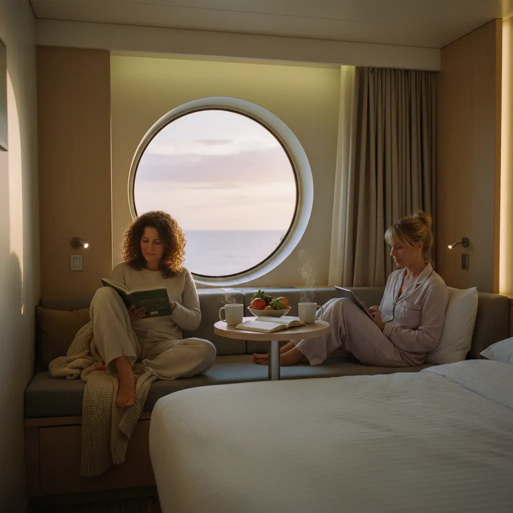 Two women comfortably sharing a cruise cabin, reading