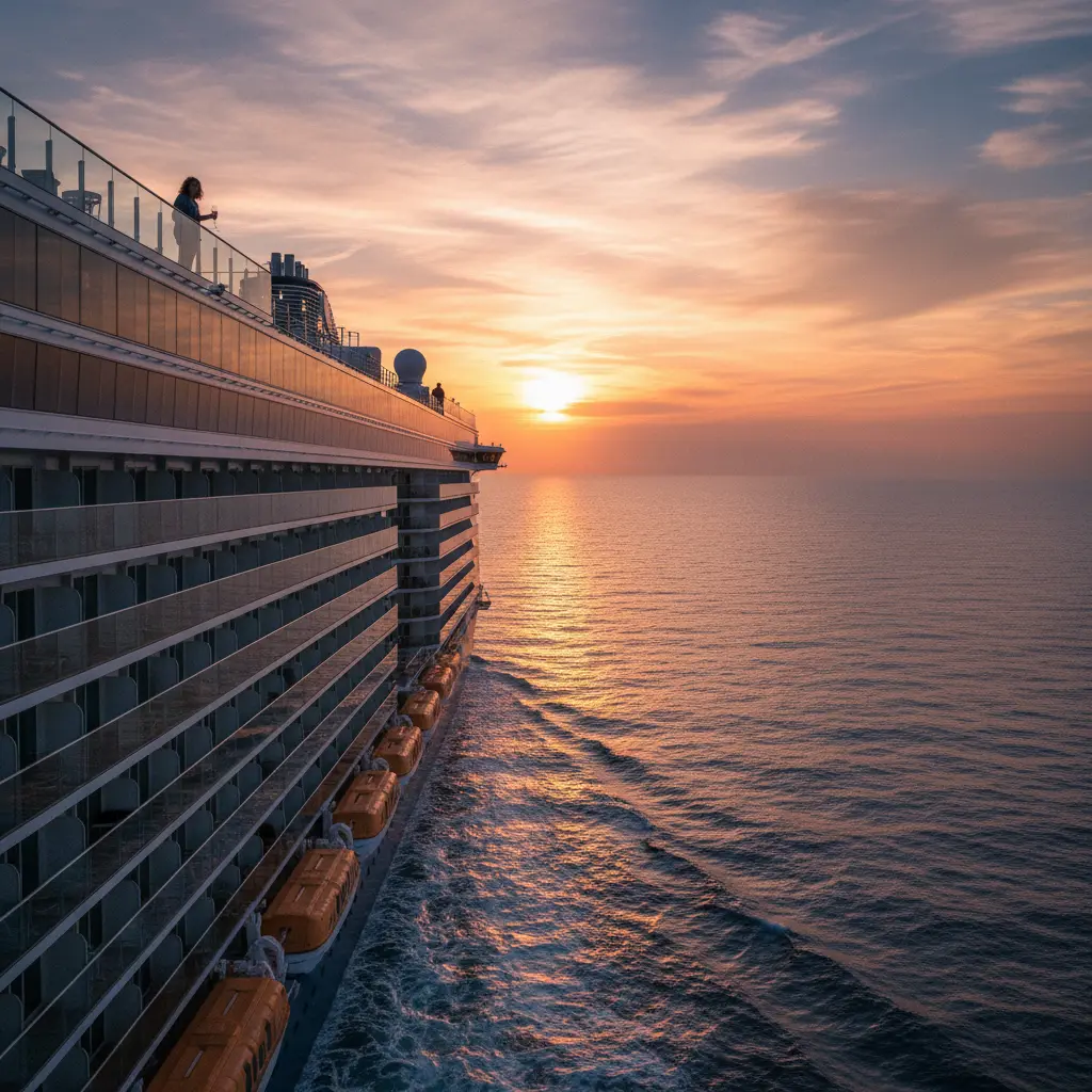 A cruise ship sailing into a beautiful sunset