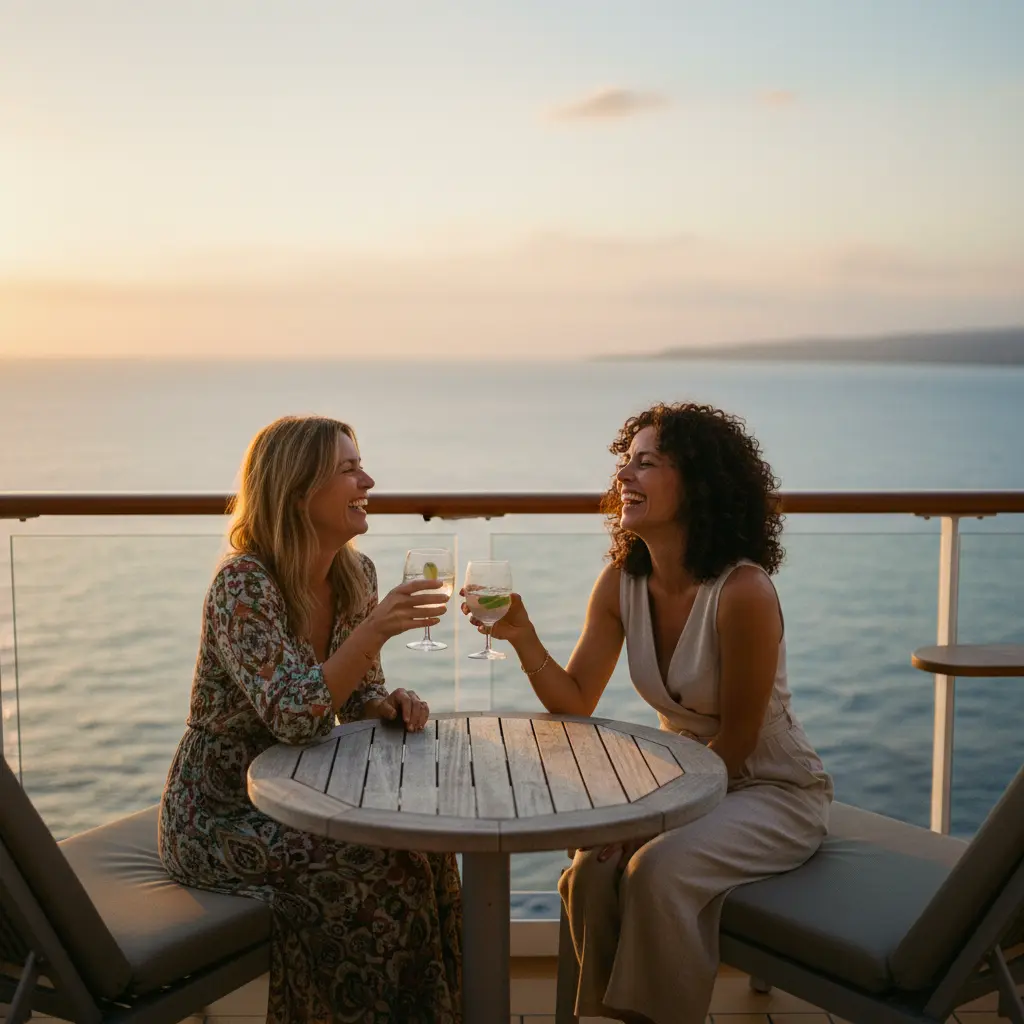 Two women laughing and sharing a drink on a cruise deck, symbolizing companionship.