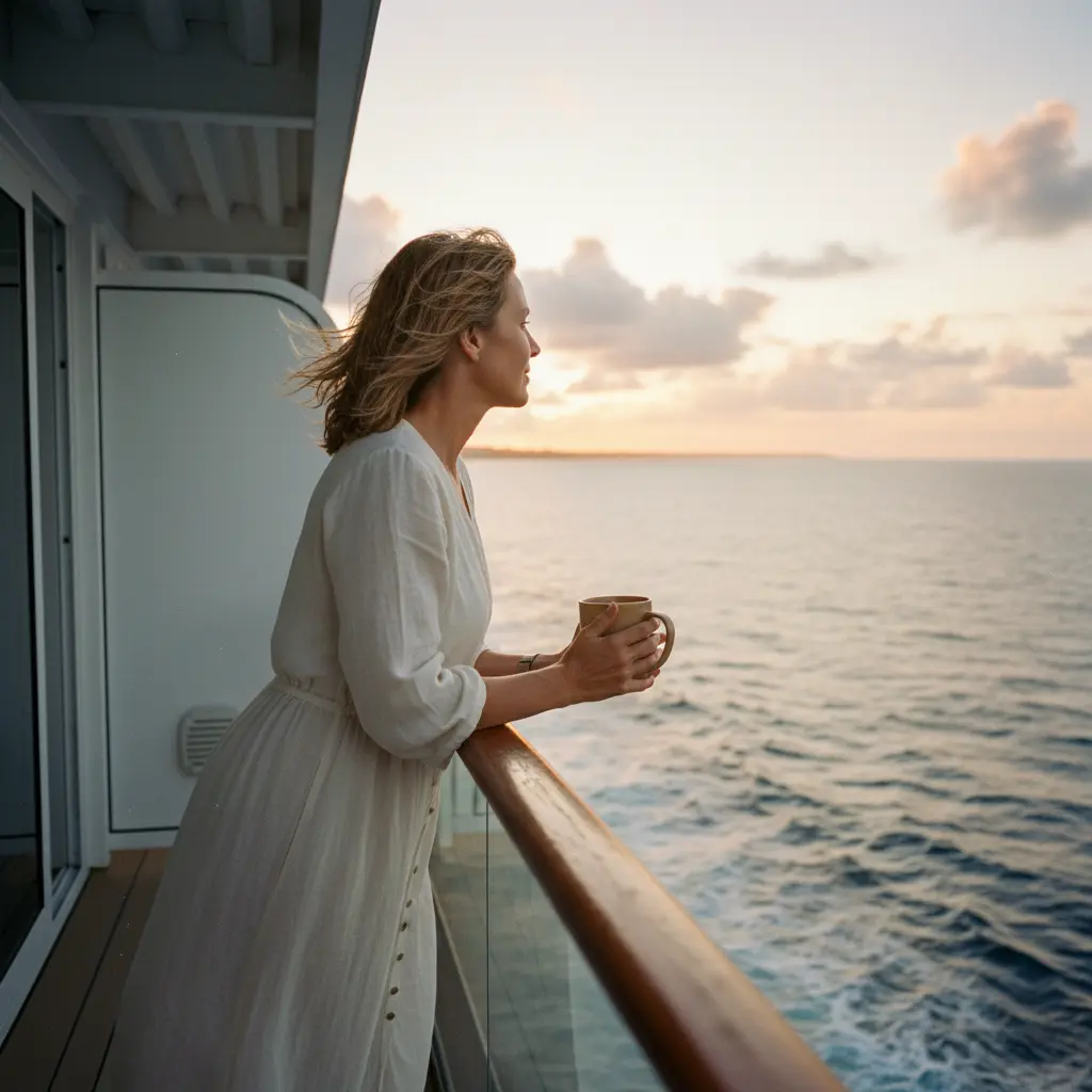 A woman enjoying the view from her cruise ship balcony, representing freedom and introspection.