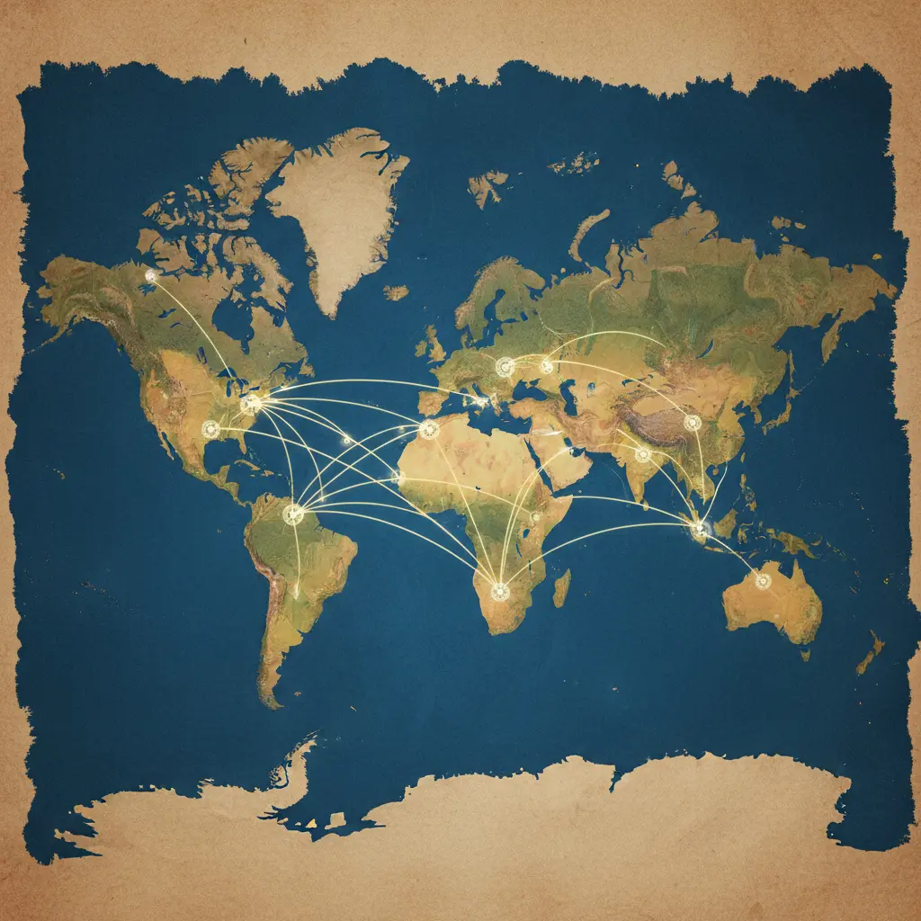A stylized map showing cruise routes and connection points, representing SoloCruz's global reach.
