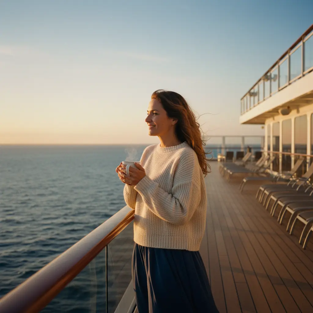 Woman enjoying a solo cruise experience on the ship deck