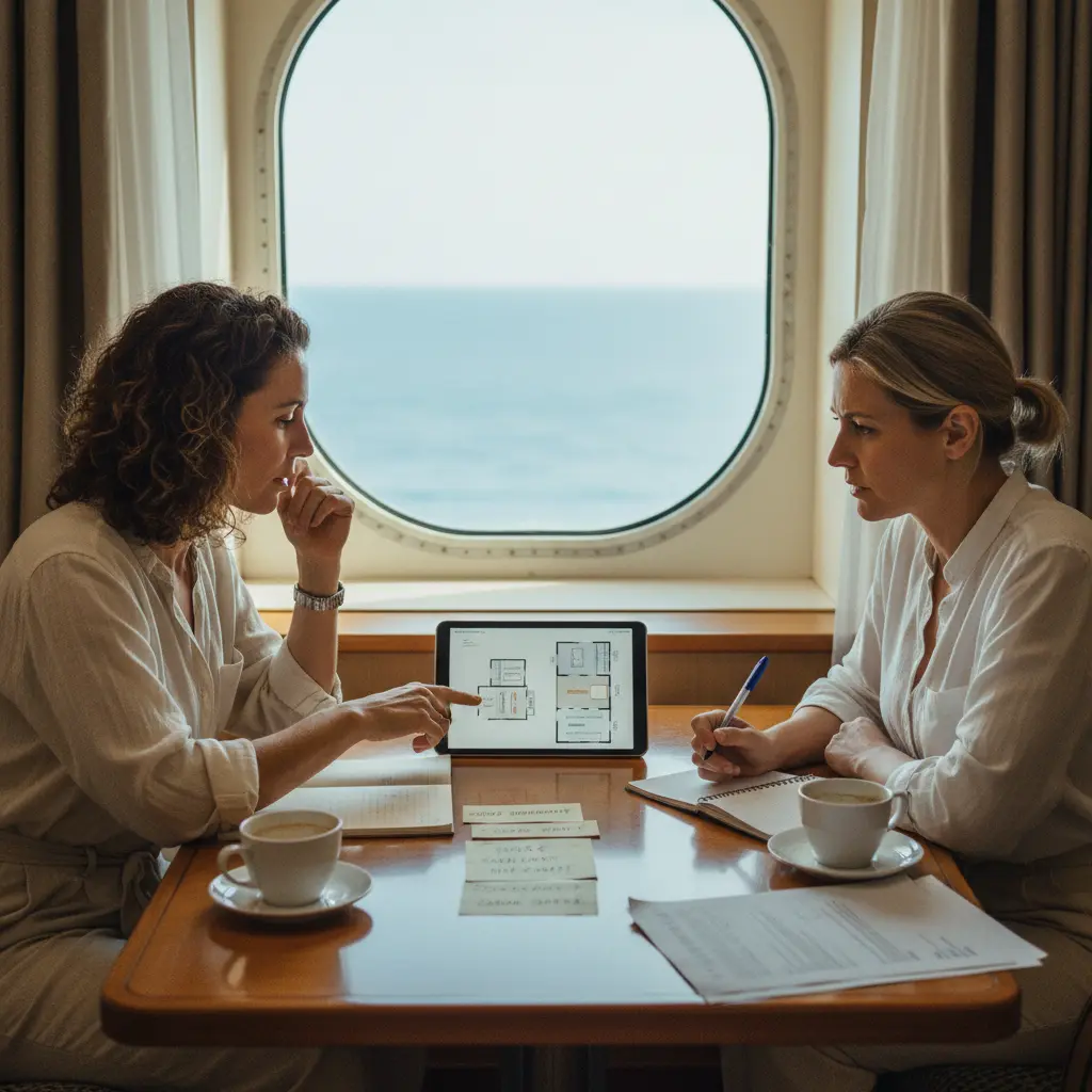 Two women discussing cabin planning on a cruise ship